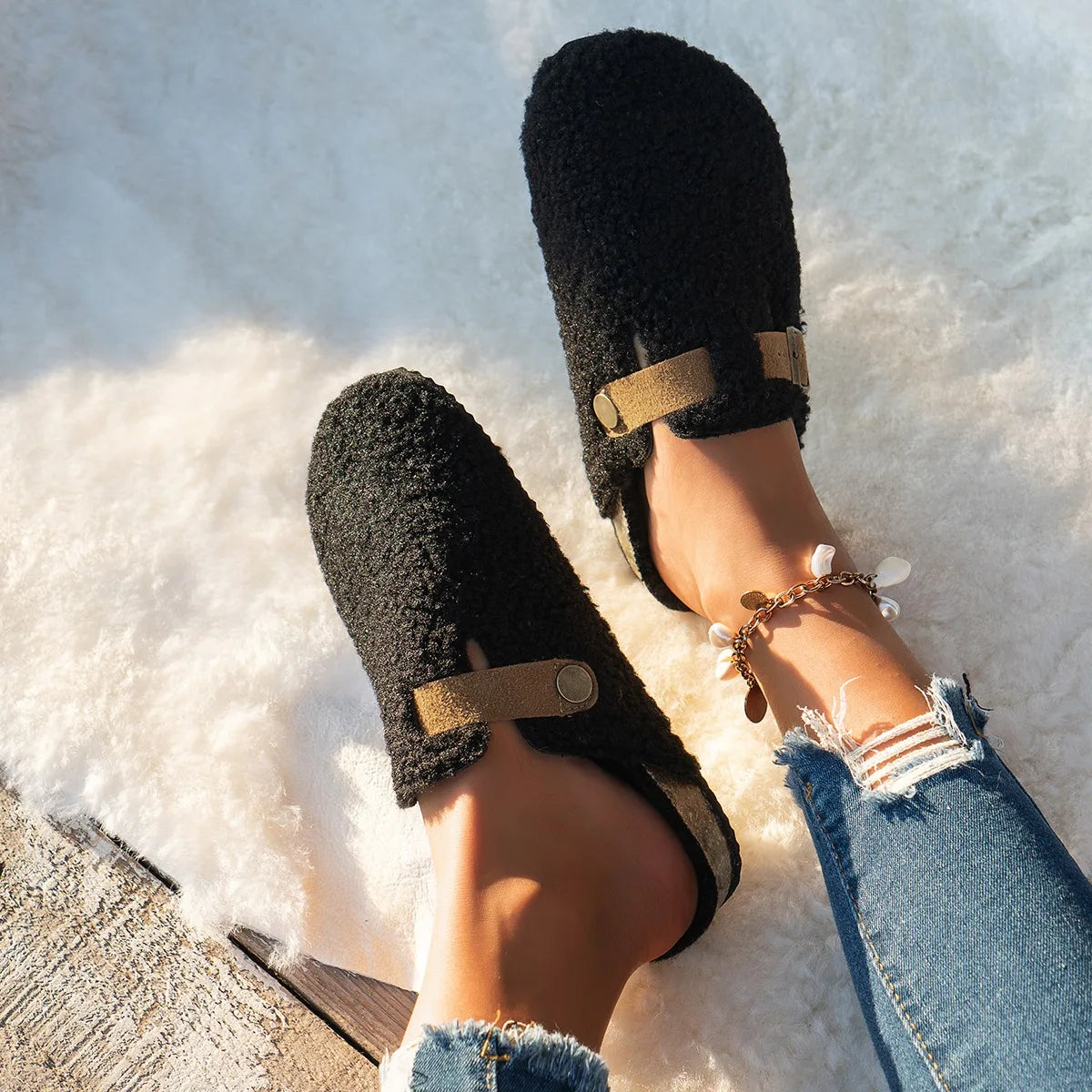 Women’s Fur Mules - Warm Winter Buckle Platform Slippers
