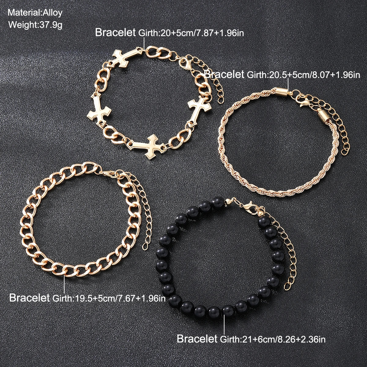 4-teiliges Punk Gold Kreuz Armband Set – Schwarze Perlen & Elegante Kette