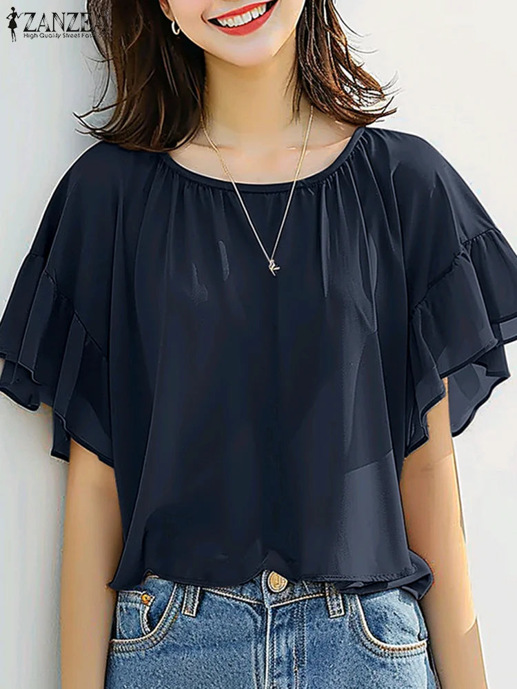 ZANZEA Sommer Chiffon Bluse - Elegantes Rüschenshirt mit kurzen Ärmeln