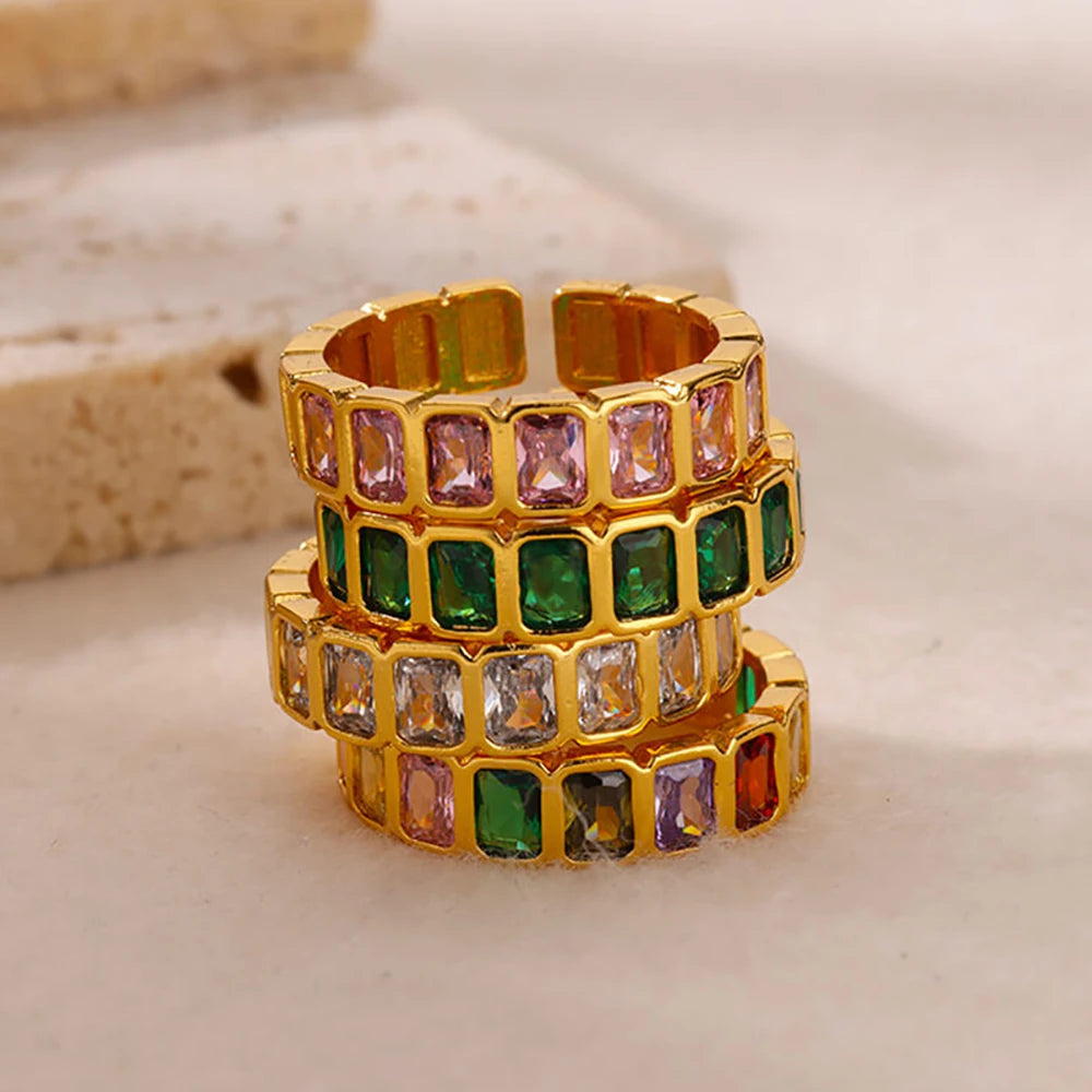 Damen Goldener Offener Ring – Bunter Zirkonia, Vintage Boho Schmuck