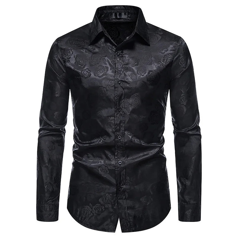 Vintage Herren Hemd Langarm Floral Satin Retro Slim Fit