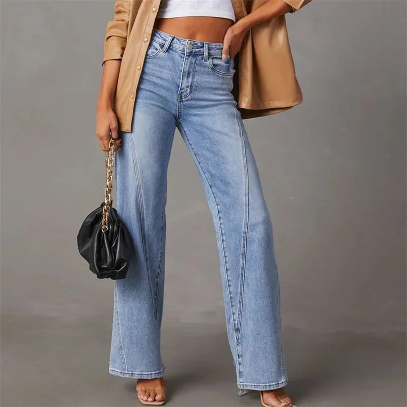 2024 Patchwork Wide-Leg Jeans - Mid-Waist Flared Denim Pants