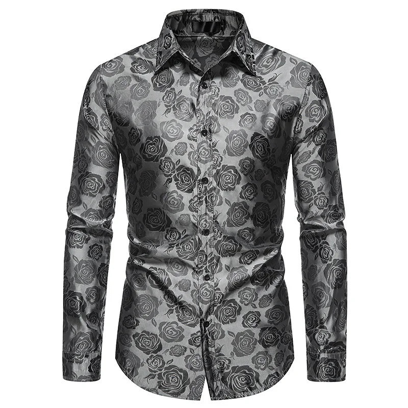 Vintage Herren Hemd Langarm Floral Satin Retro Slim Fit