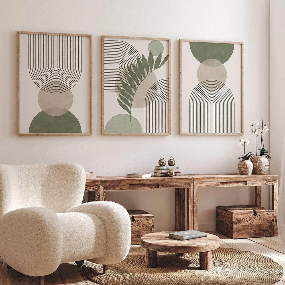 Nordische Salbeigrüne Botanische Abstrakte Boho Geometrische Wandkunst Leinwand für Wohnzimmerdekoration