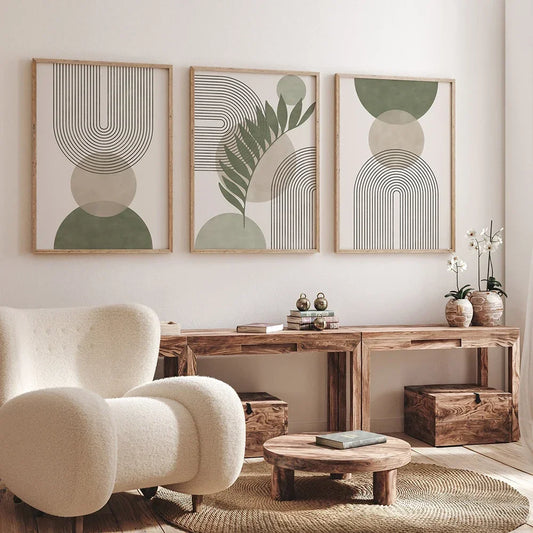Nordische Salbeigrüne Botanische Abstrakte Boho Geometrische Wandkunst Leinwand für Wohnzimmerdekoration
