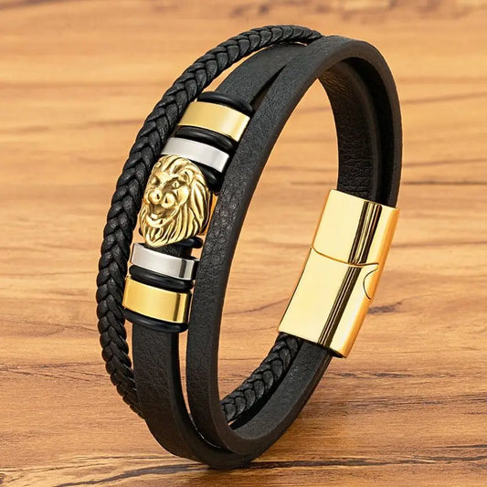 XQNI Herren Lederarmband – Edelstahl Löwenanhänger, Mehrlagig