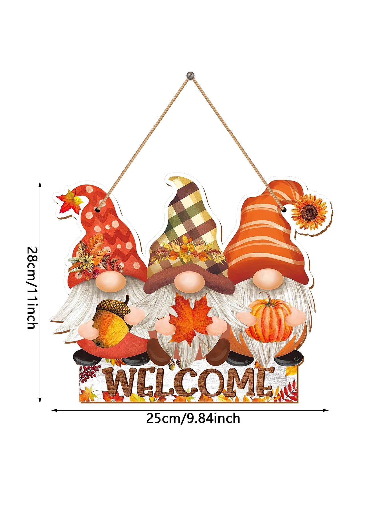 Herbst Gnome Willkommen-Schild – Rustikales Holzornament mit Ahornblättern und Kürbissen