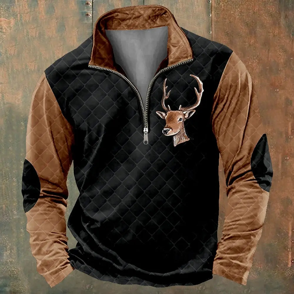 Lustiges 3D Elch Druck Half-Zip Sweatshirt – Stehkragen, Lockerer Langarm Pullover für Herren