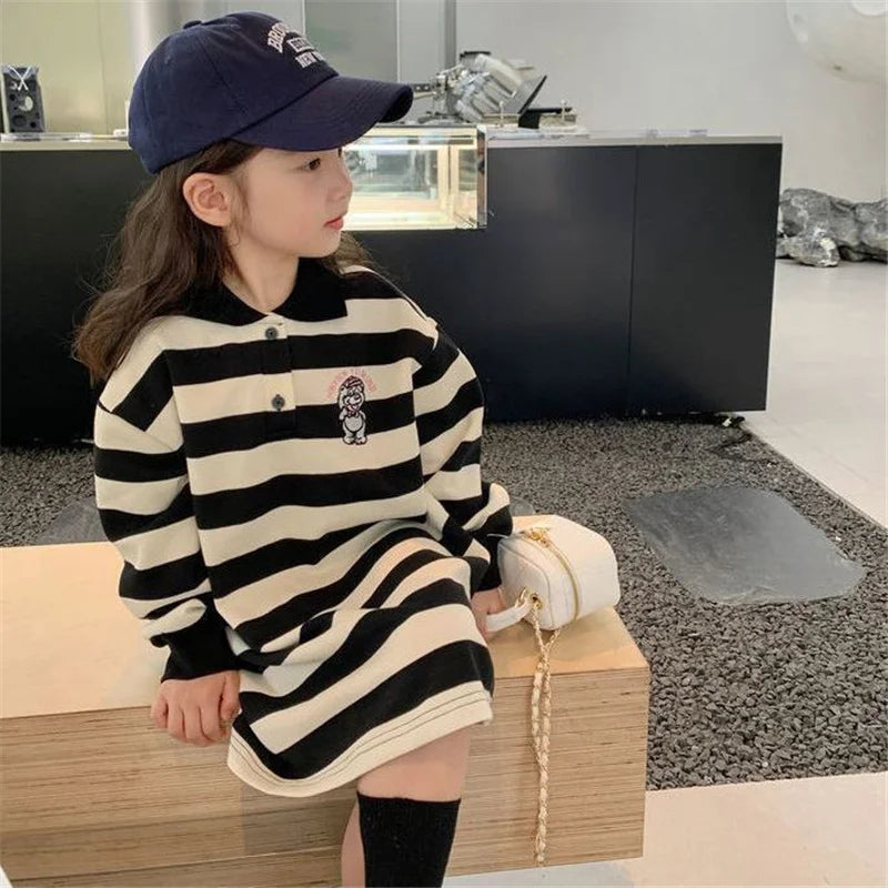 Gestreiftes Poloshirt-Kleid für Mädchen – Langarm-Casual-Mode für Herbst/Frühling (1-10 Jahre)