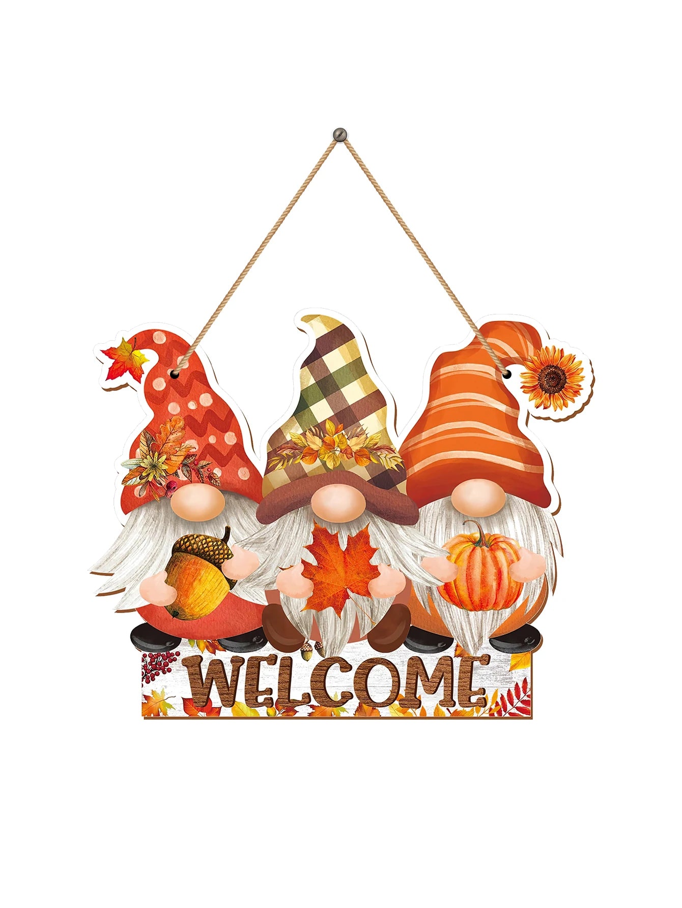 Herbst Gnome Willkommen-Schild – Rustikales Holzornament mit Ahornblättern und Kürbissen