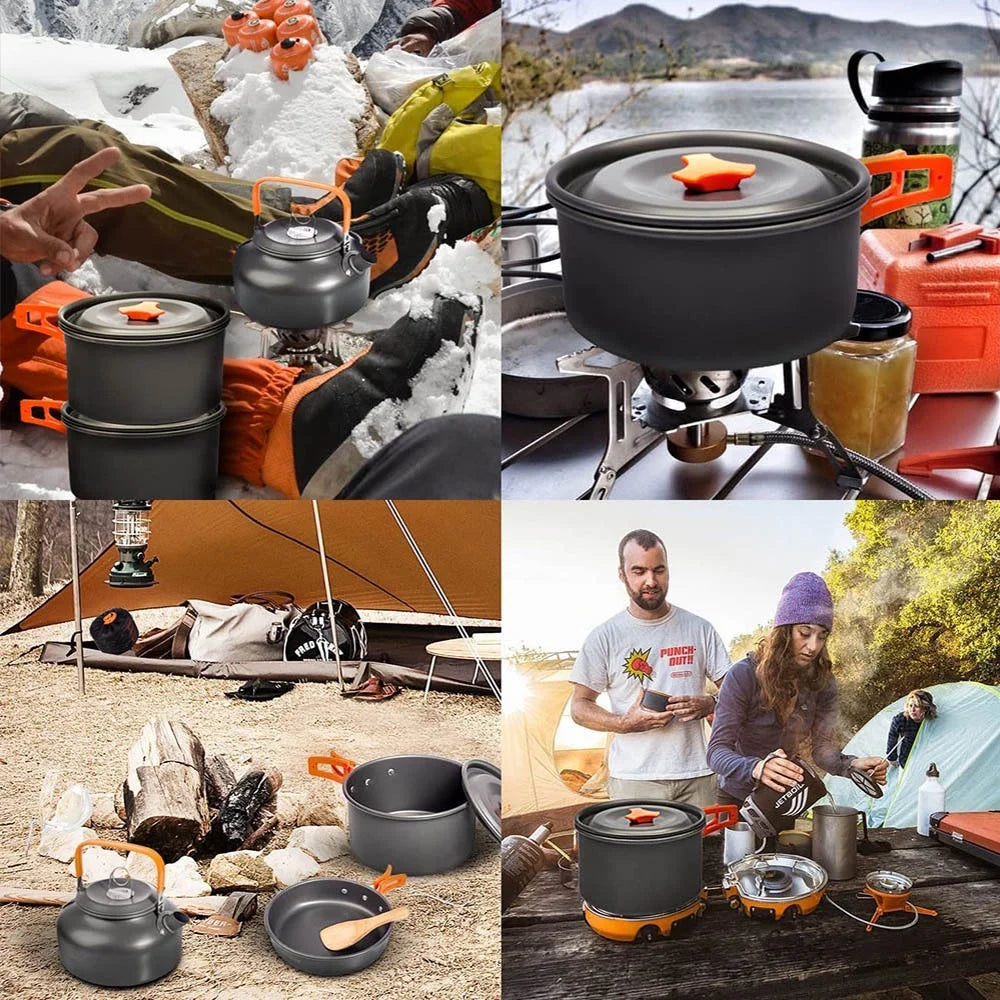 Camping-Kochset – Antihaft-Töpfe, Teekanne und Geschirr für 2-3 Personen, Outdoor-Picknick- und Reiseutensilien