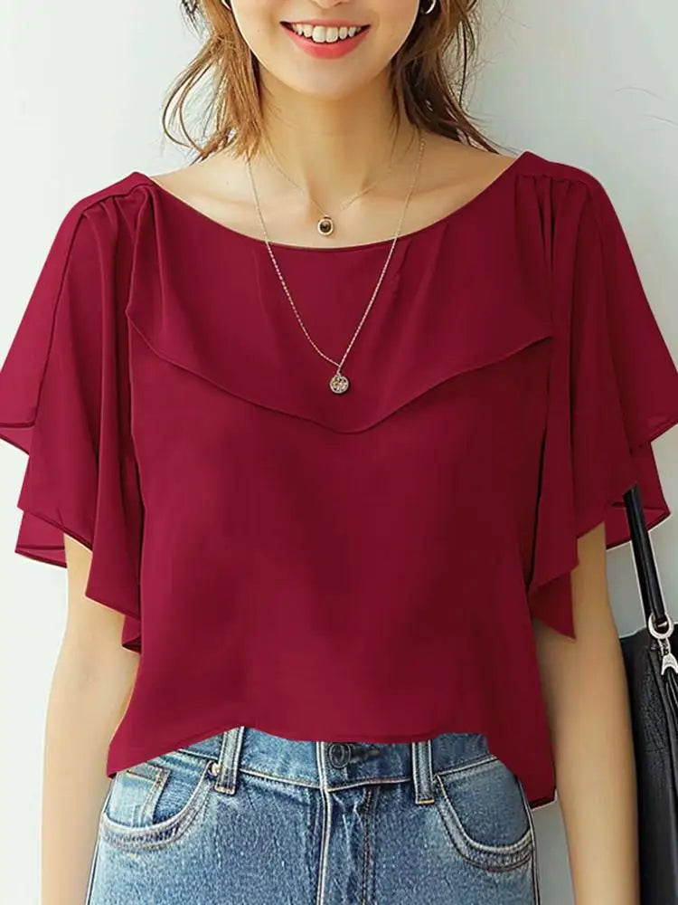 ZANZEA Sommer Chiffon Bluse - Elegantes Rüschenshirt mit kurzen Ärmeln