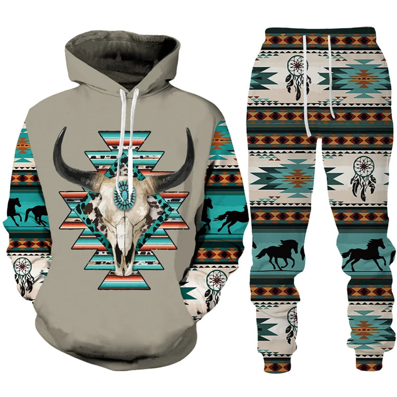 Vintage Kuhmuster Trainingsanzug: Hoodie & Hose Western Streetwear Set