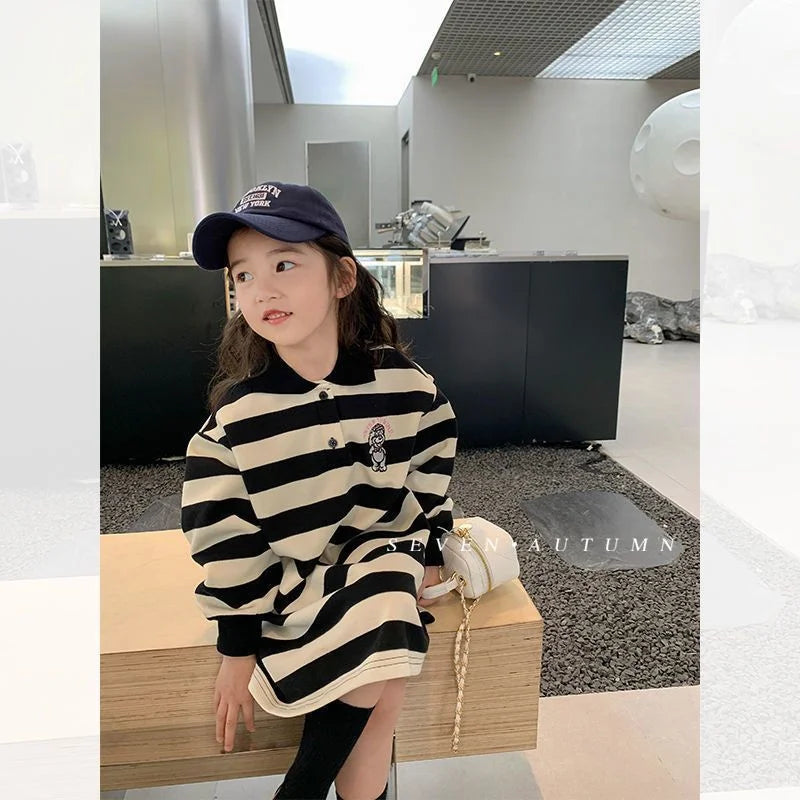 Gestreiftes Poloshirt-Kleid für Mädchen – Langarm-Casual-Mode für Herbst/Frühling (1-10 Jahre)