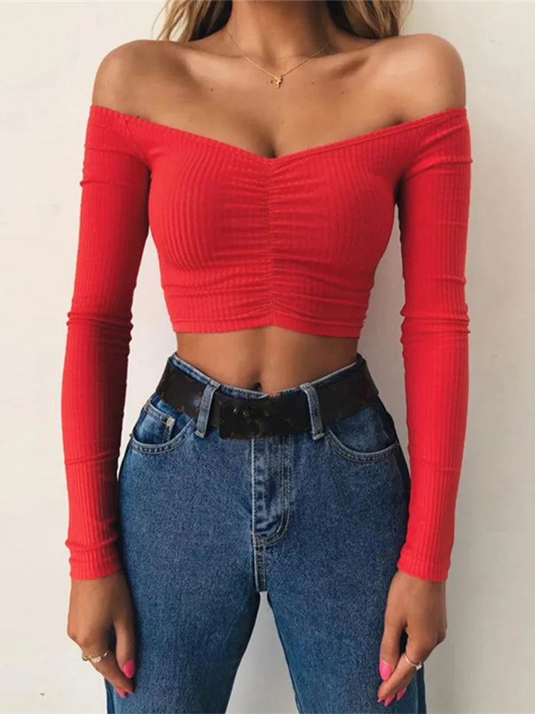 Women's Off-Shoulder Long Sleeve T-Shirt - Sexy & Stylish Autumn Basic