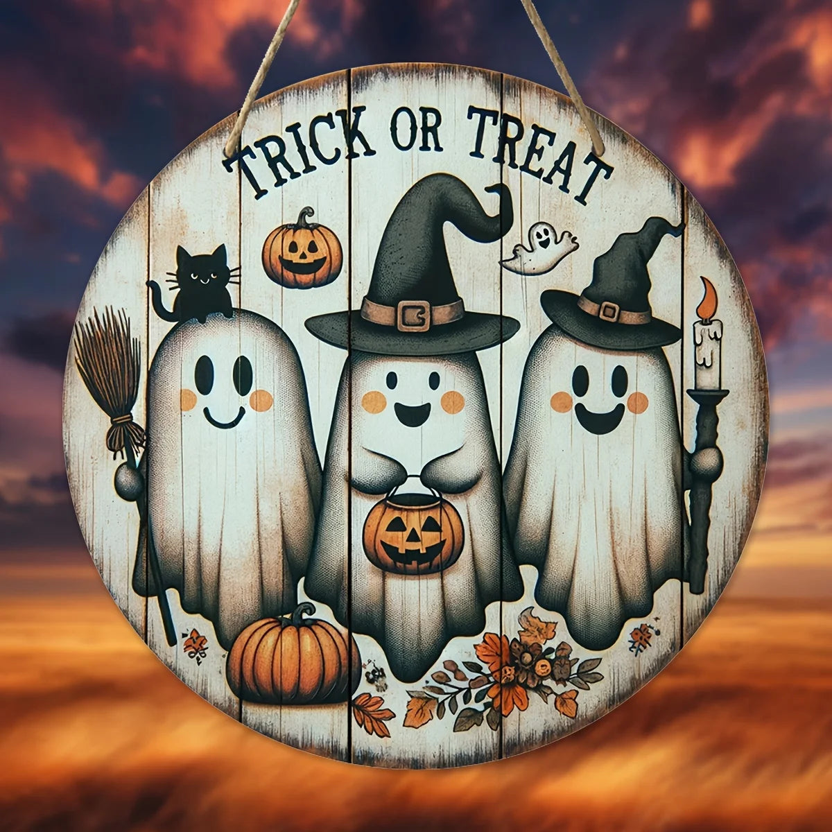 Halloween Türschild aus Holz – Kürbis, schwarze Katze und Fledermäuse Deko