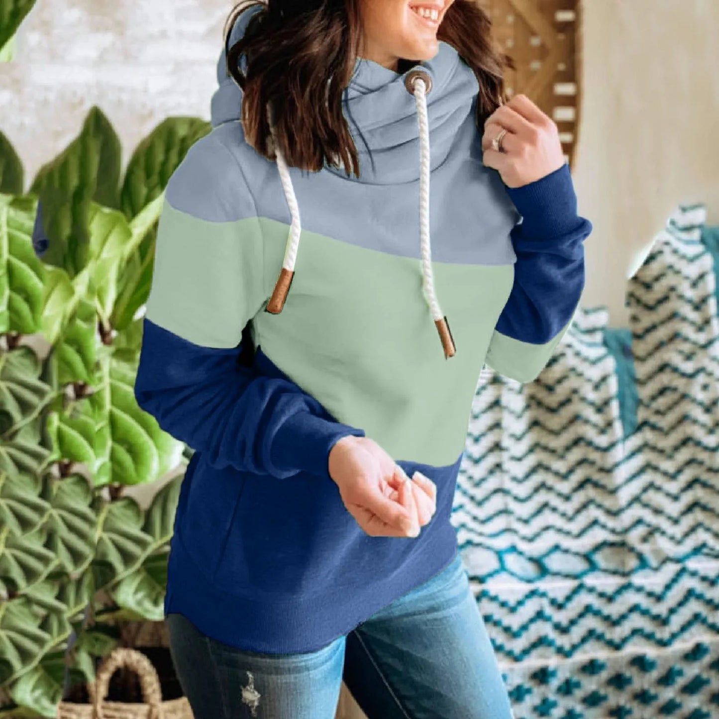 Herbst Hoodie für Damen - Drei-Farben-Stitching, Kordelzug, Lange Ärmel