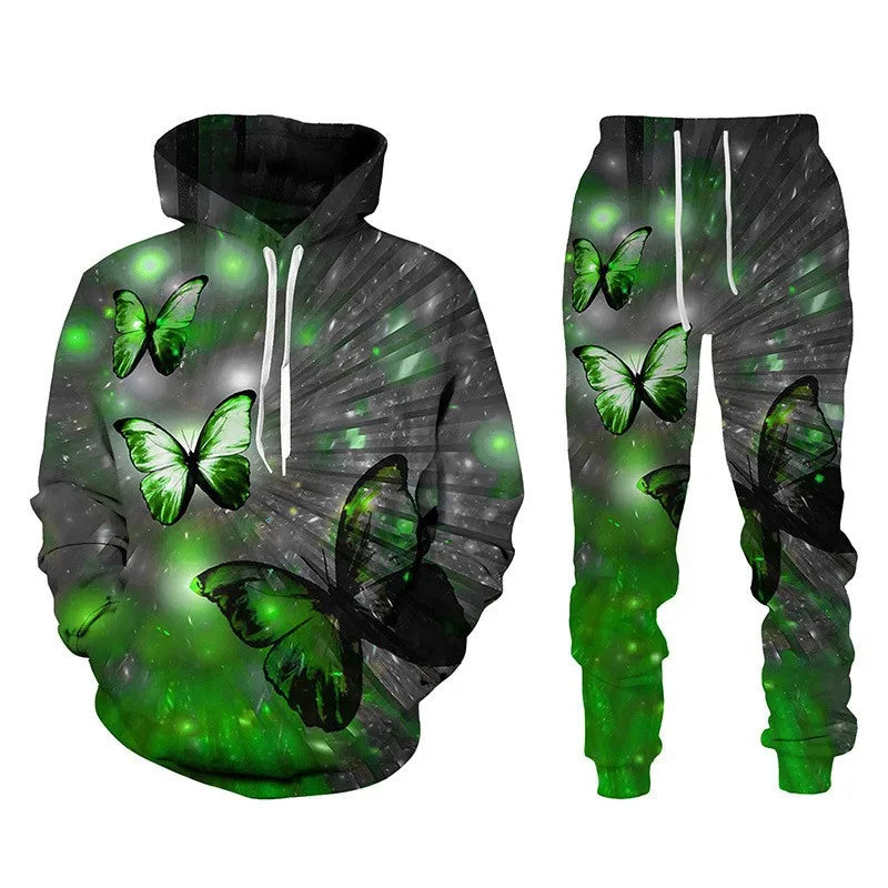 3D Schmetterling-Print Trainingsanzug – Unisex Hoodie & Hosen-Set. Oversized Casual-Style für den Herbst