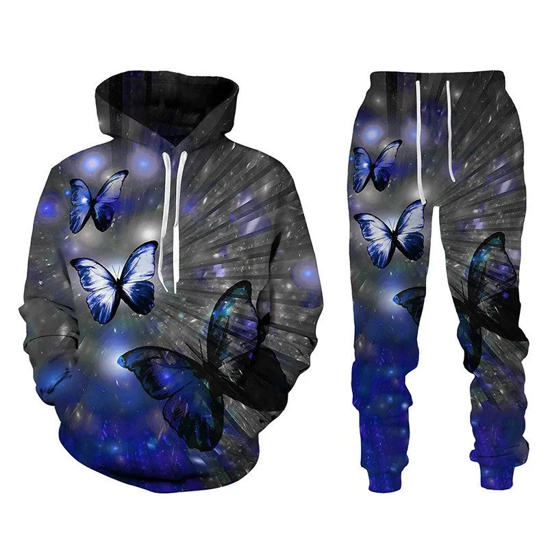 3D Schmetterling-Print Trainingsanzug – Unisex Hoodie & Hosen-Set. Oversized Casual-Style für den Herbst