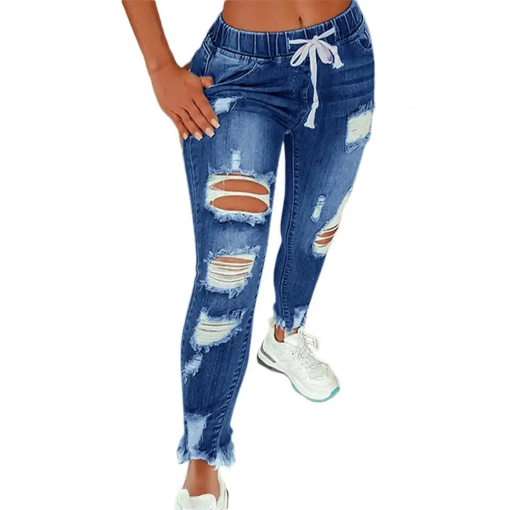 Damen Stretch-Jeans mit Rissen – High-Waist Gerade Denim Hose für Streetwear 2024
