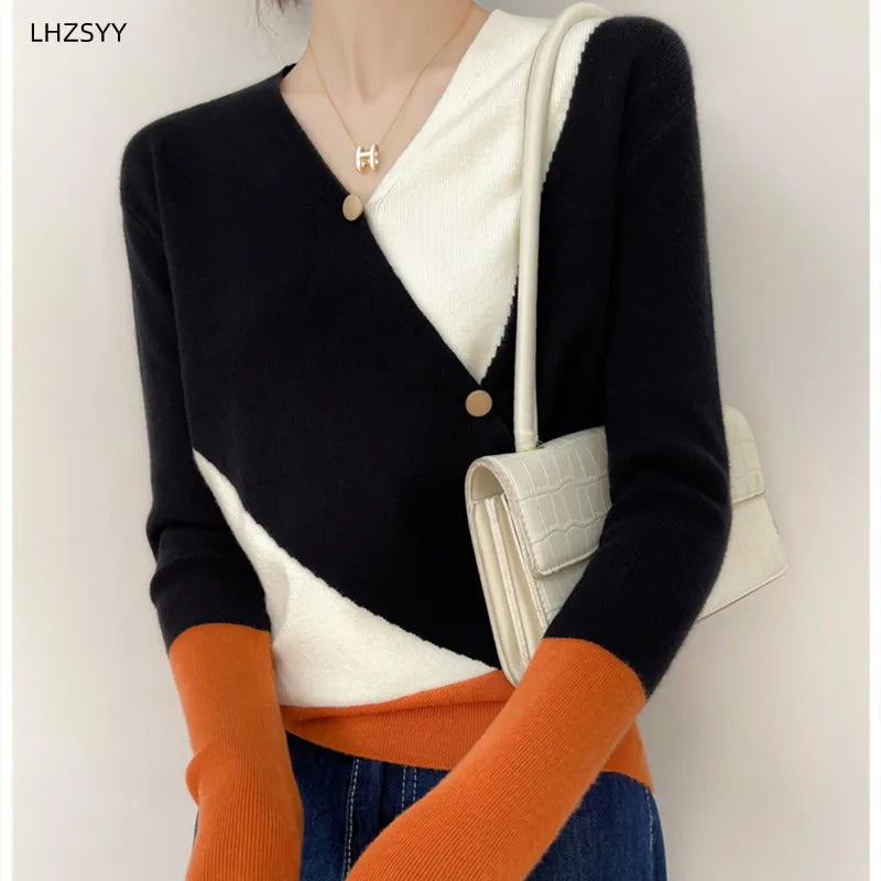 Damen Kaschmir Pullover Farbblock Frühling Stricktop