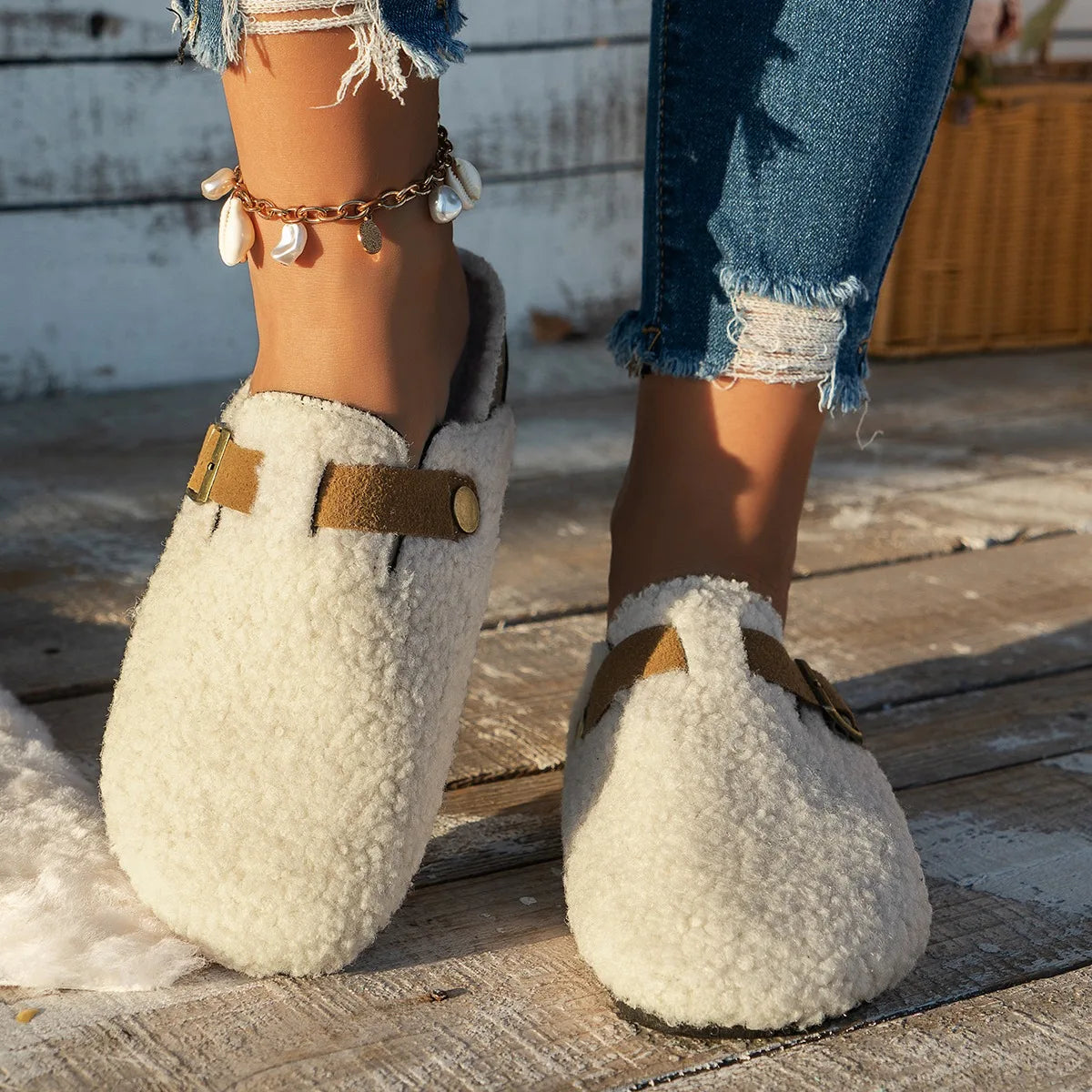 Women’s Fur Mules - Warm Winter Buckle Platform Slippers