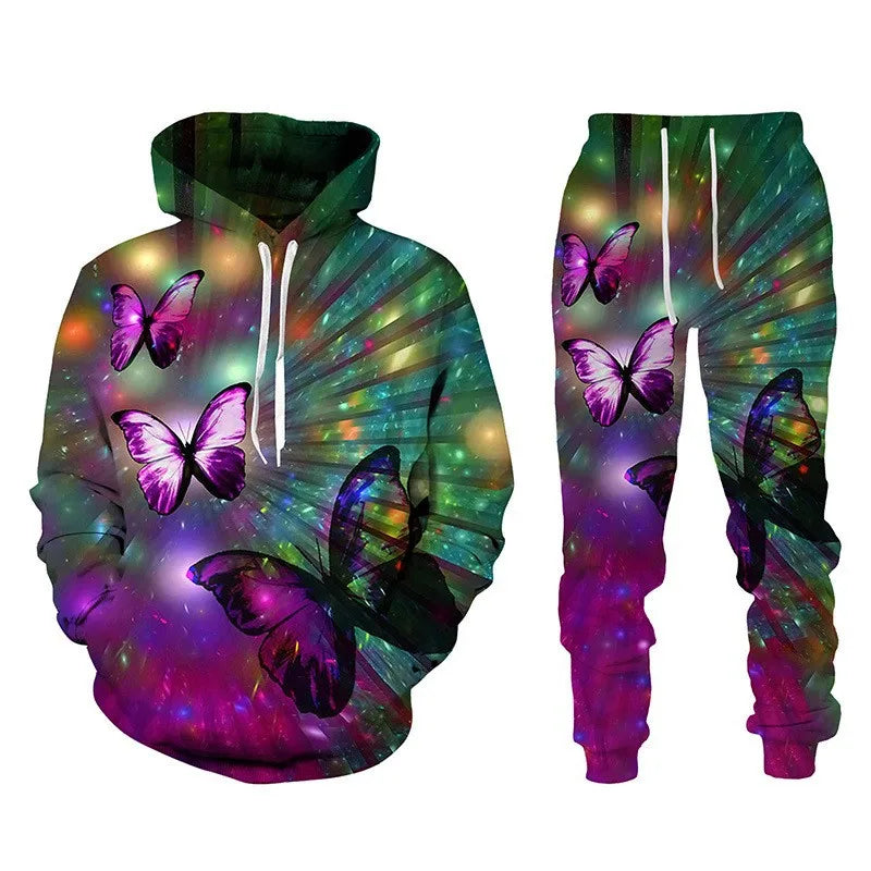 3D Schmetterling-Print Trainingsanzug – Unisex Hoodie & Hosen-Set. Oversized Casual-Style für den Herbst