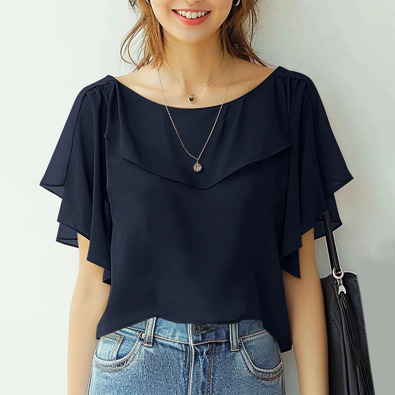 ZANZEA Sommer Chiffon Bluse - Elegantes Rüschenshirt mit kurzen Ärmeln