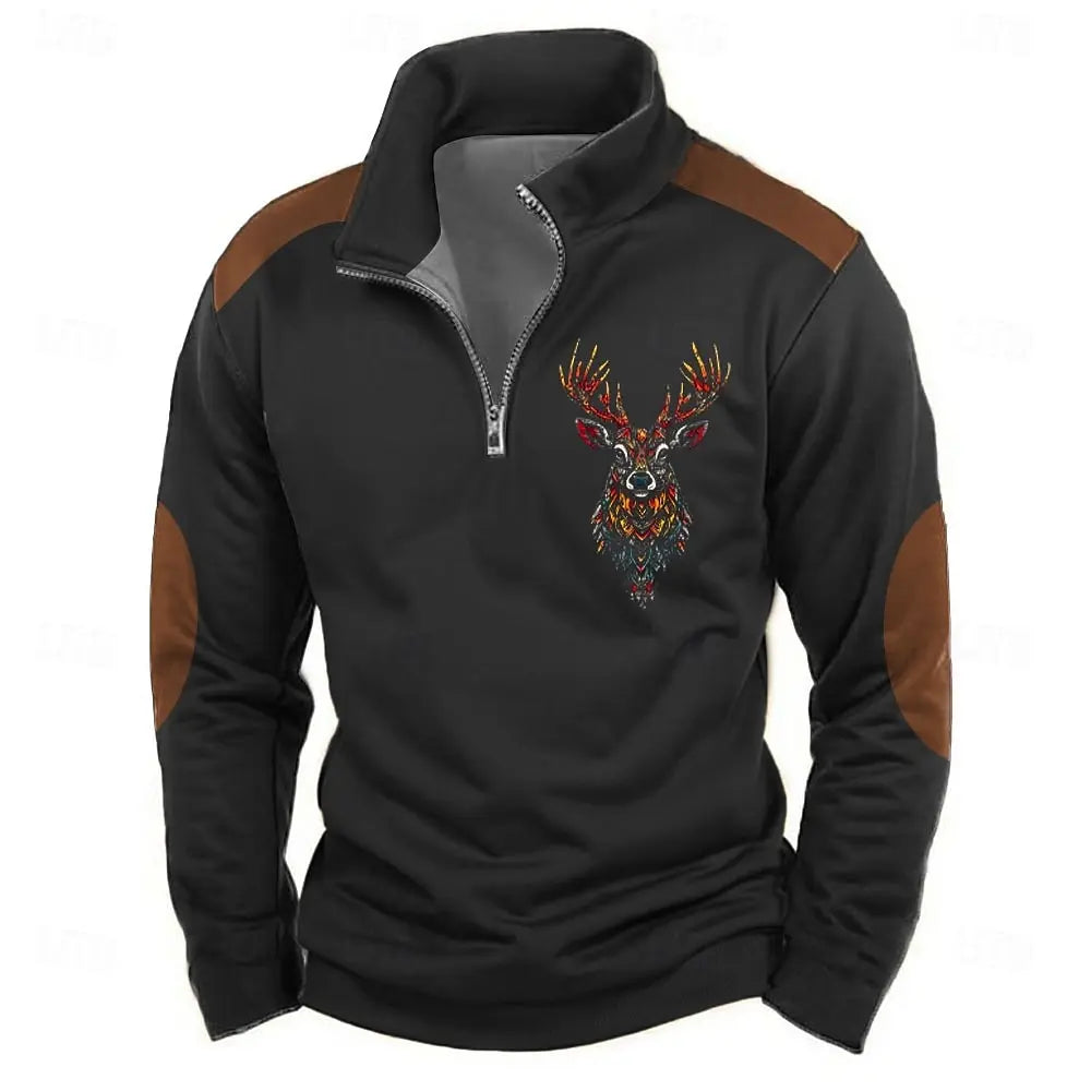 Lustiges 3D Elch Druck Half-Zip Sweatshirt – Stehkragen, Lockerer Langarm Pullover für Herren