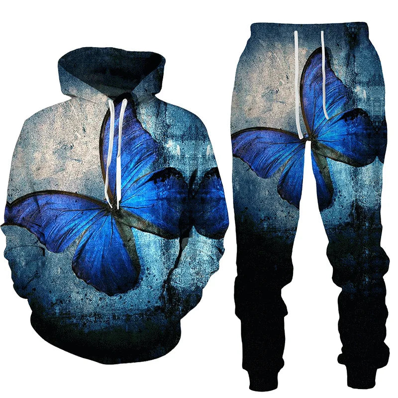 3D Schmetterling-Print Trainingsanzug – Unisex Hoodie & Hosen-Set. Oversized Casual-Style für den Herbst