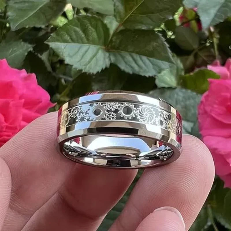 Neue Mode Steampunk Zahnrad Edelstahl Ring – Mit Kohlefaser Einlage, Punk Hochzeitsring für Herren