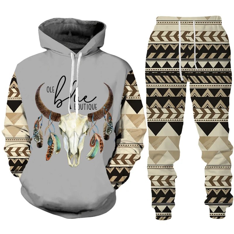 Vintage Kuhmuster Trainingsanzug: Hoodie & Hose Western Streetwear Set