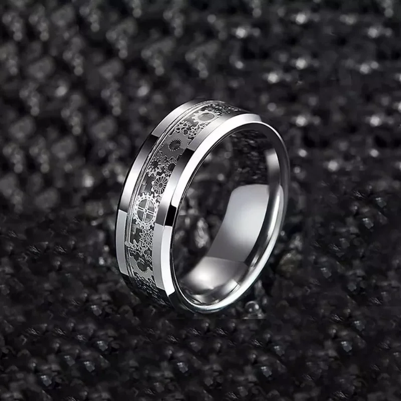 Neue Mode Steampunk Zahnrad Edelstahl Ring – Mit Kohlefaser Einlage, Punk Hochzeitsring für Herren