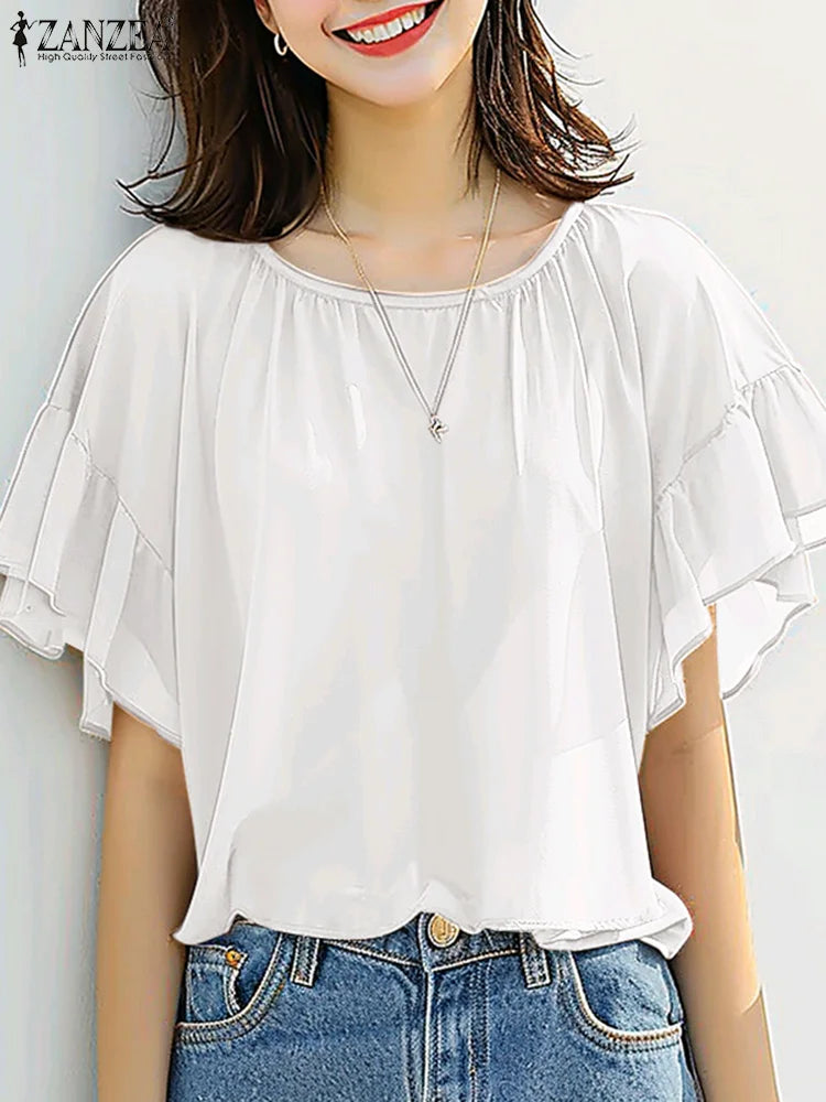 ZANZEA Sommer Chiffon Bluse - Elegantes Rüschenshirt mit kurzen Ärmeln