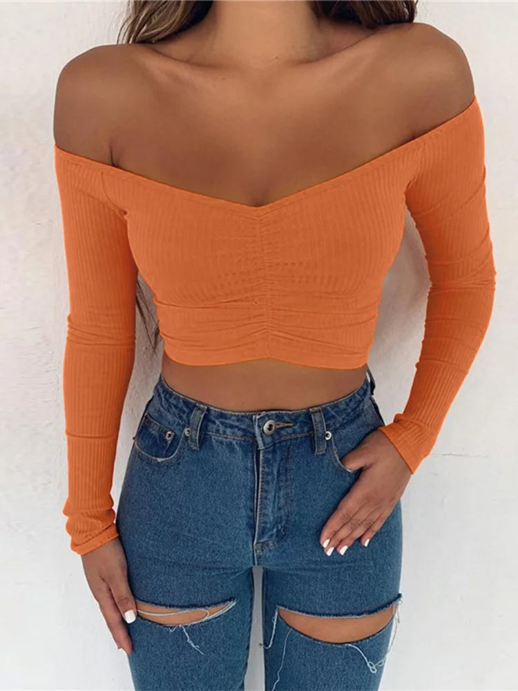 Women's Off-Shoulder Long Sleeve T-Shirt - Sexy & Stylish Autumn Basic