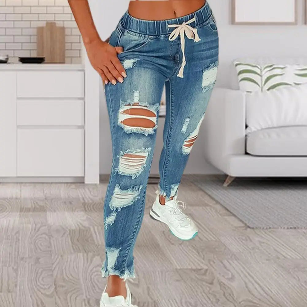 Damen Stretch-Jeans mit Rissen – High-Waist Gerade Denim Hose für Streetwear 2024