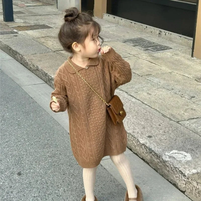 Neue Frühling Winter Baby Mädchen Pink Baumwoll Strickkleid, Warme Casual Kinderbekleidung