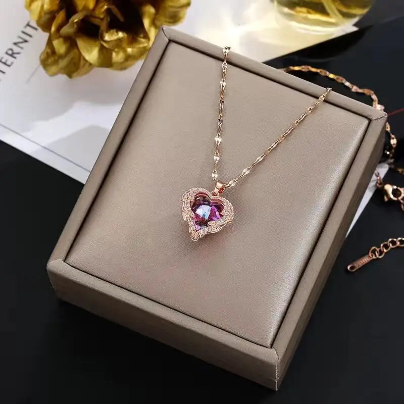 Luxuriöse Ozeanherz-Kristallkette - Bunter Edelstahl-Schmuck