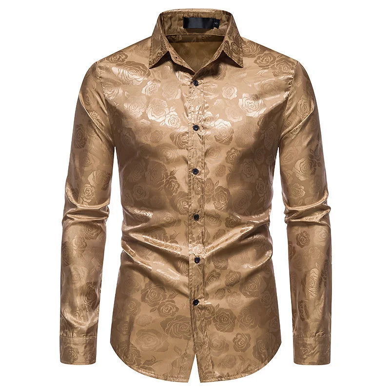 Vintage Herren Hemd Langarm Floral Satin Retro Slim Fit