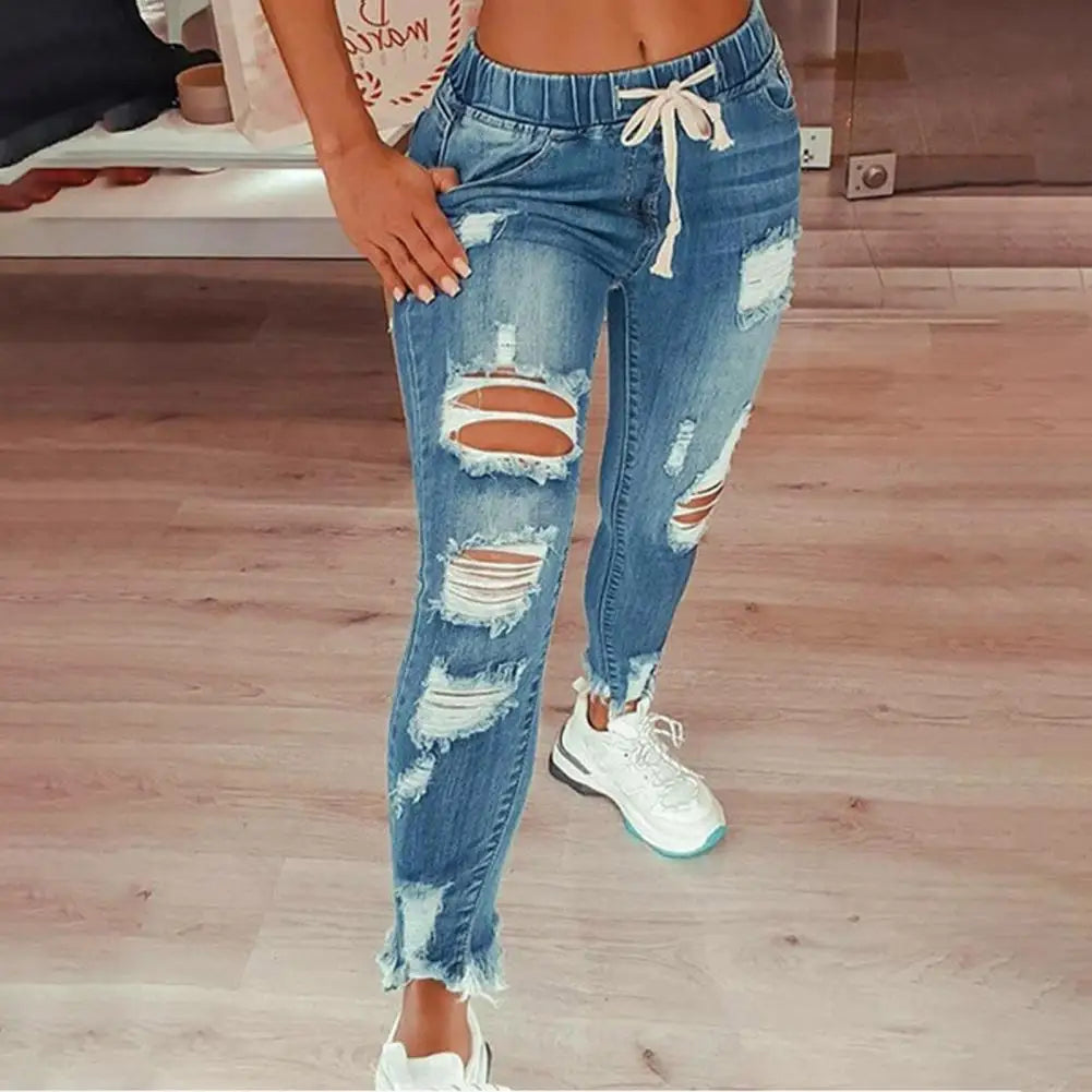 Damen Stretch-Jeans mit Rissen – High-Waist Gerade Denim Hose für Streetwear 2024