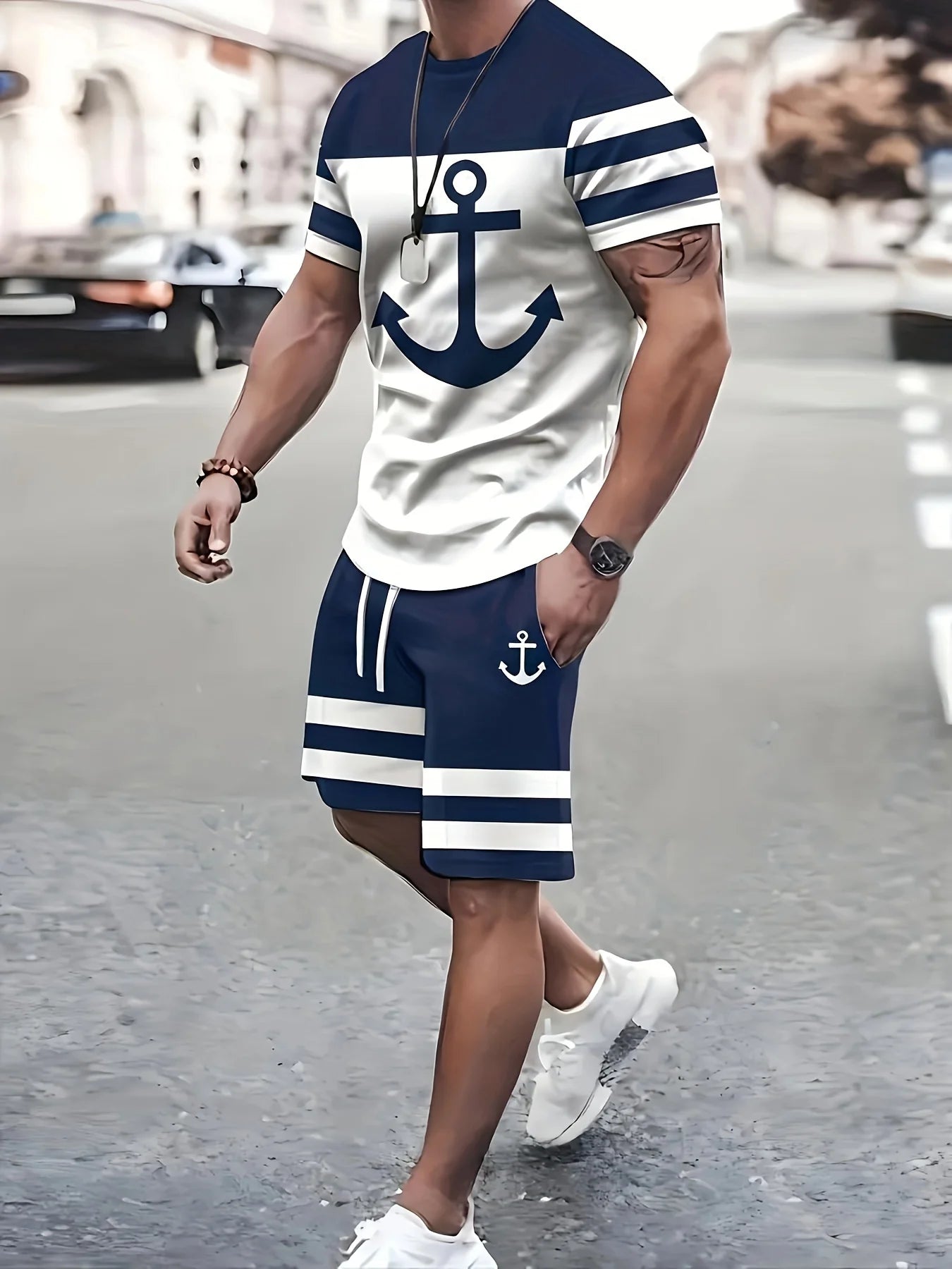 Herren 2-teilige Ankerdruck Shorts Sets – Kreuzfahrt Outfit Trainingsanzug mit Hemd und Shorts