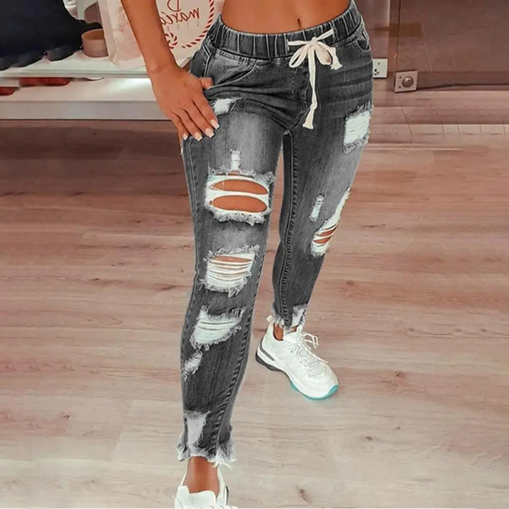 Damen Stretch-Jeans mit Rissen – High-Waist Gerade Denim Hose für Streetwear 2024