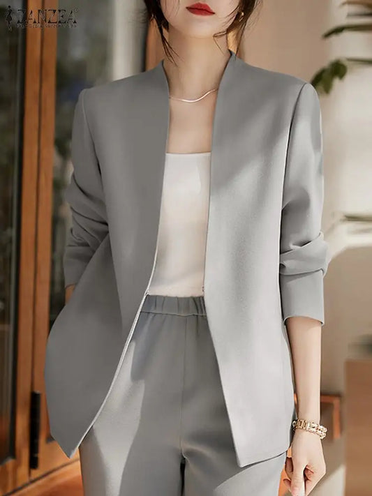 ZANZEA Damen Herbst Blazer mit V-Ausschnitt