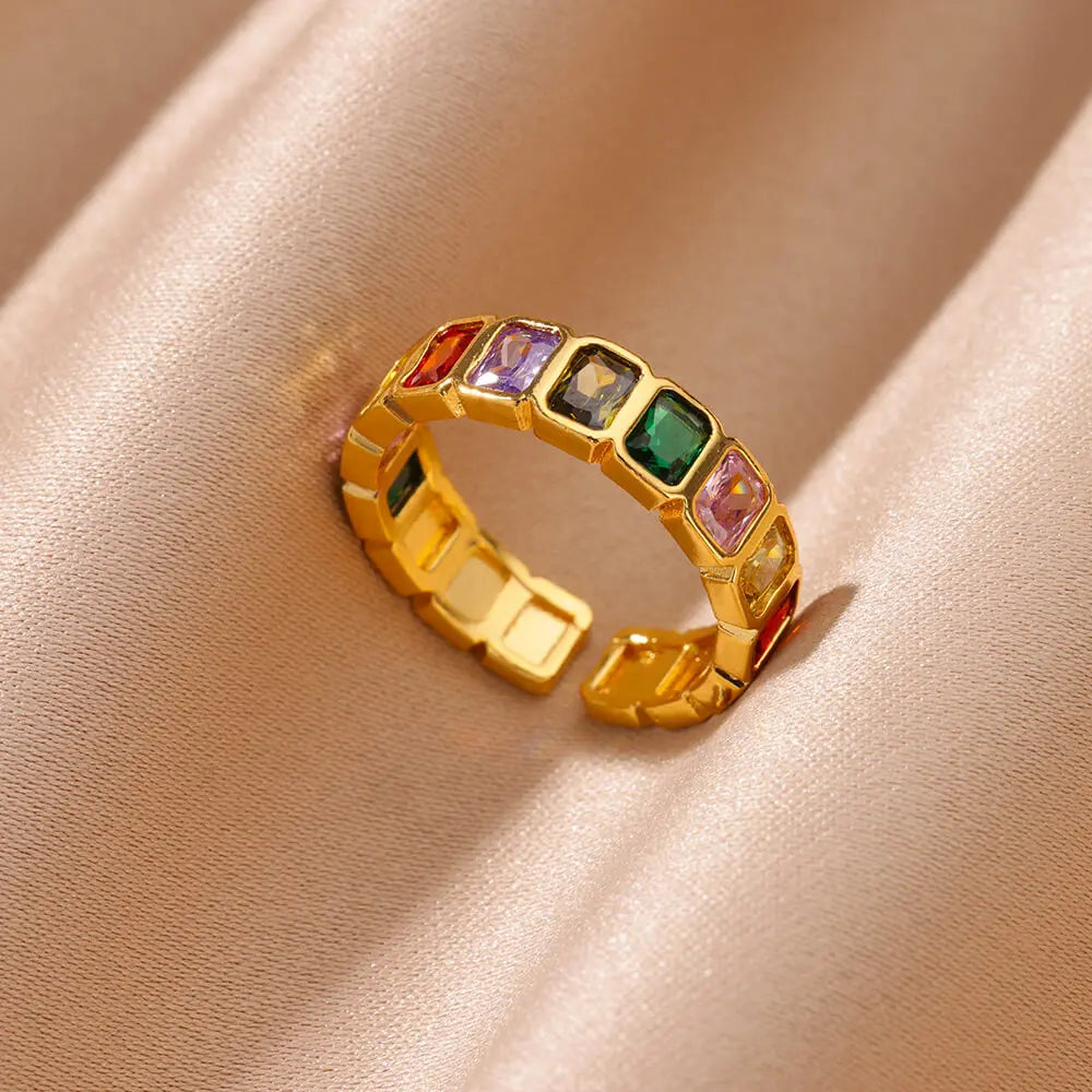 Damen Goldener Offener Ring – Bunter Zirkonia, Vintage Boho Schmuck