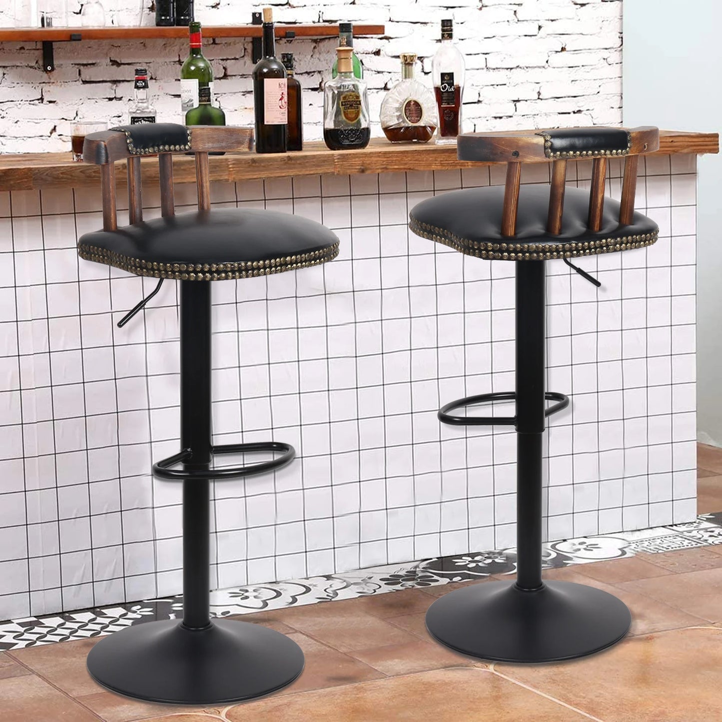 2er-Set Industrielle Leder Barhocker mit drehbarem Sitz