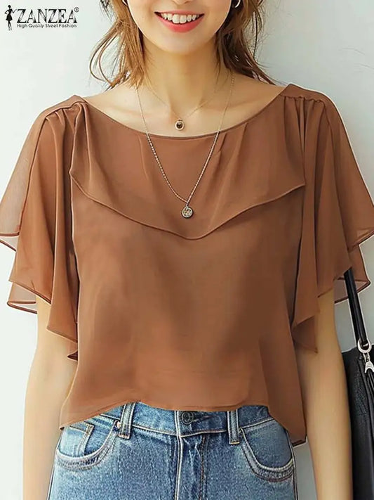 ZANZEA Sommer Chiffon Bluse - Elegantes Rüschenshirt mit kurzen Ärmeln