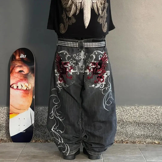 Bestickte Oversized Jeans mit Drachenmuster – Retro Harajuku Wide-Leg Hose