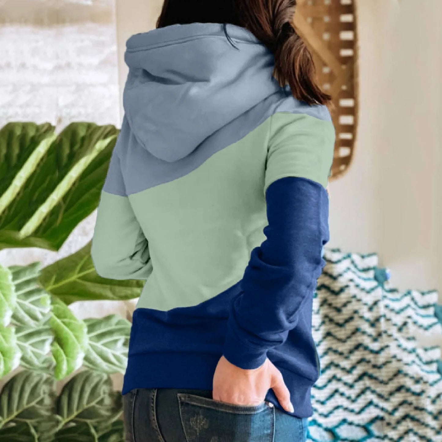 Herbst Hoodie für Damen - Drei-Farben-Stitching, Kordelzug, Lange Ärmel