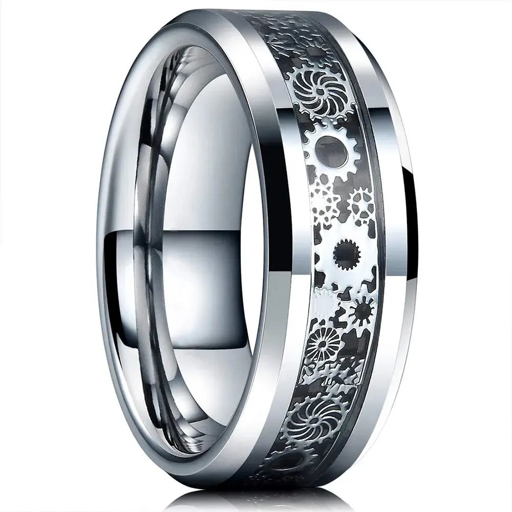 Neue Mode Steampunk Zahnrad Edelstahl Ring – Mit Kohlefaser Einlage, Punk Hochzeitsring für Herren