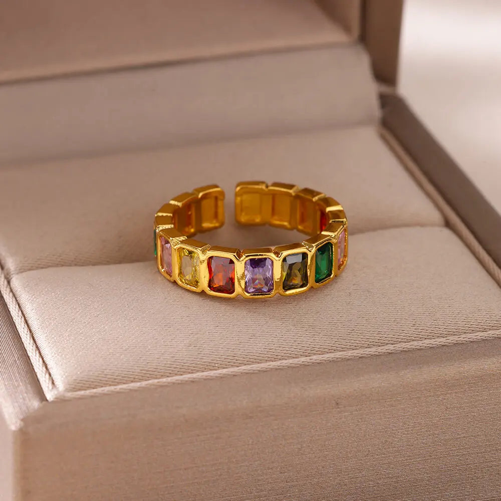 Damen Goldener Offener Ring – Bunter Zirkonia, Vintage Boho Schmuck